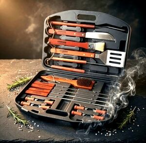 Gourmet Traditions 18 Pc BBQ Grilling Utensil Tool Set Wood Handles Case NEW